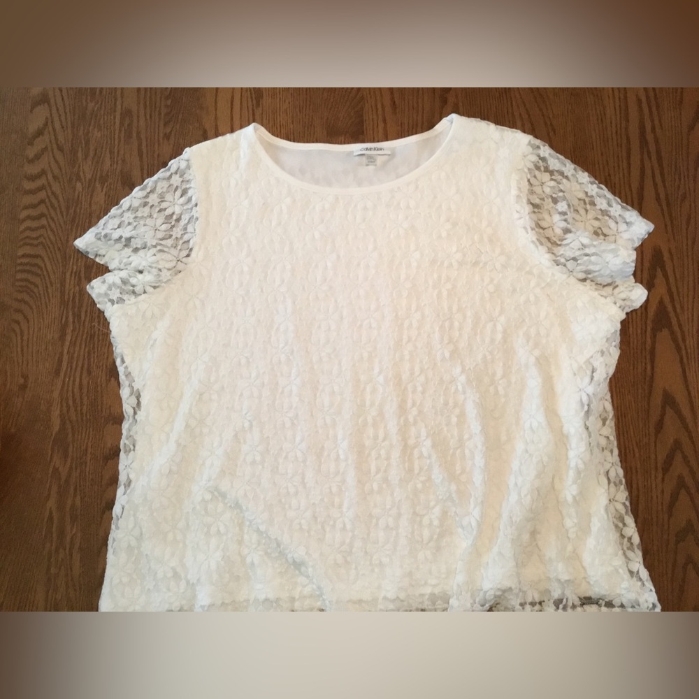 Calvin Klein White Floral Lace Short-Sleeve Top, Plus Size 2X